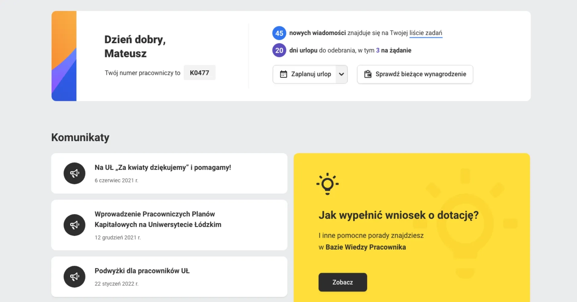 Portal pracowniczy ekran główny